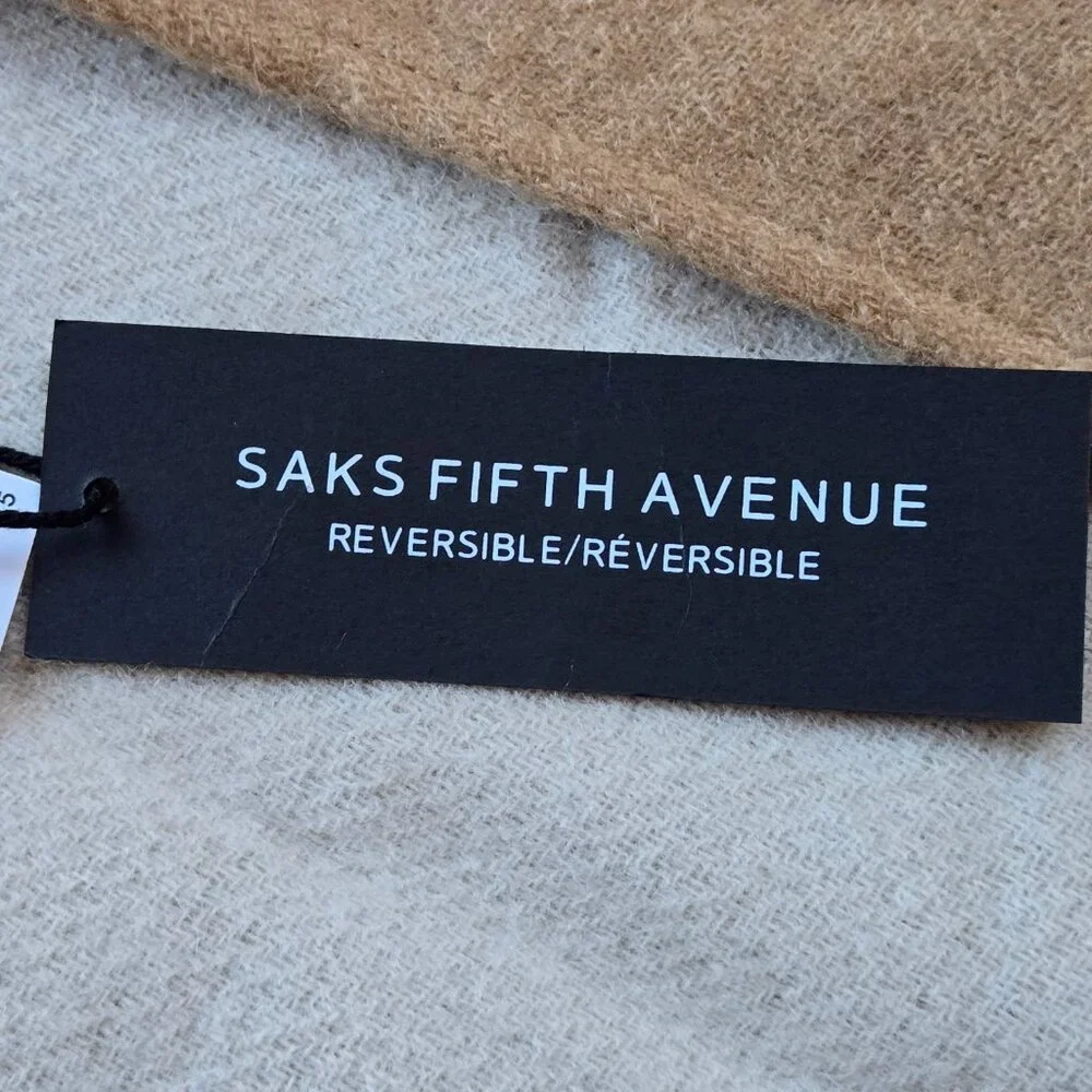 NWT Saks Reversible Merino Wool Wrap Tan & Ivory